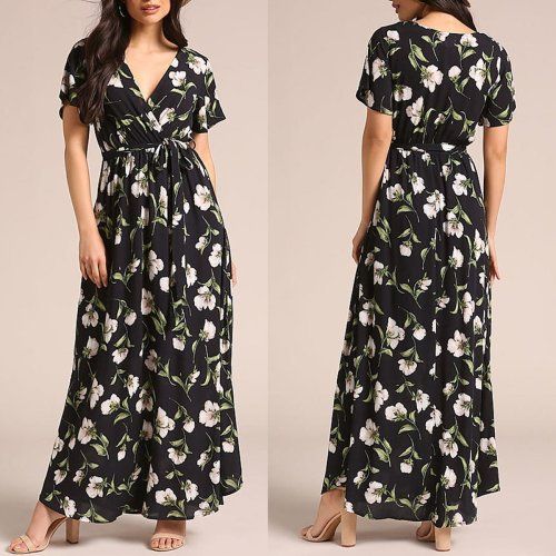 Floral Print Short Sleeve Vacation Maxi Dress Summer V-neck Printed Maxi Dress, Casual Non-stretch Sundress For The Beach, Summer V-neck Beach Dress For Garden Party, Spring Beach Maxi Dress Non-stretch, Spring Beach Non-stretch Maxi Dress, Non-stretch Maxi Dress For Spring Beach Occasions, Non-stretch Maxi Dress For Beach Season, Non-stretch Maxi Dress For Beach Vacation, Non-stretch Maxi Dress For Vacation Beach Season