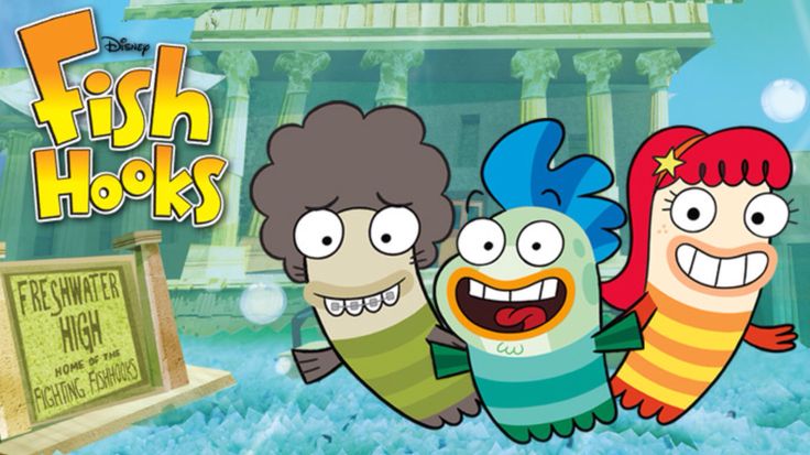 the cartoon fish hooks are standing in front of a building with an advertisement on it