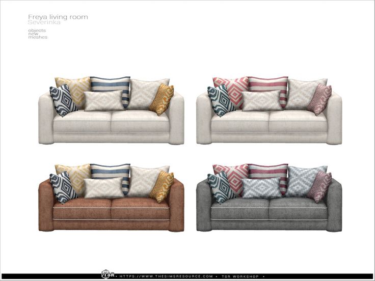 three different types of couches with pillows on each one and the same color scheme