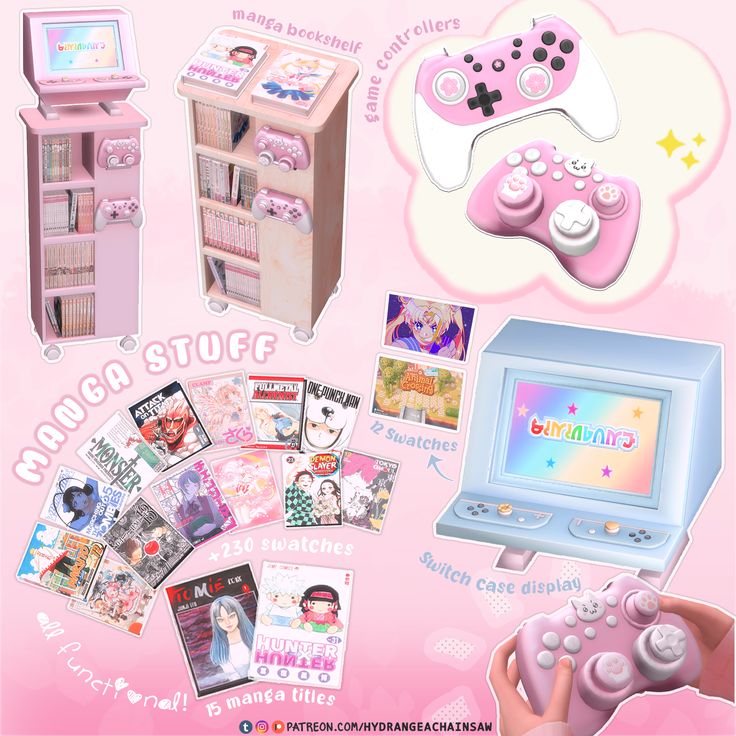 an advertisement for a video game system with pink accessories and pictures on the front cover