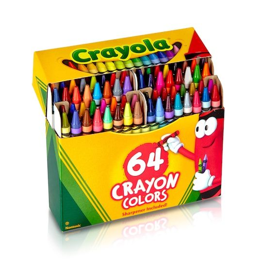 a box of 64 crayon colors with an assortment of them in each color