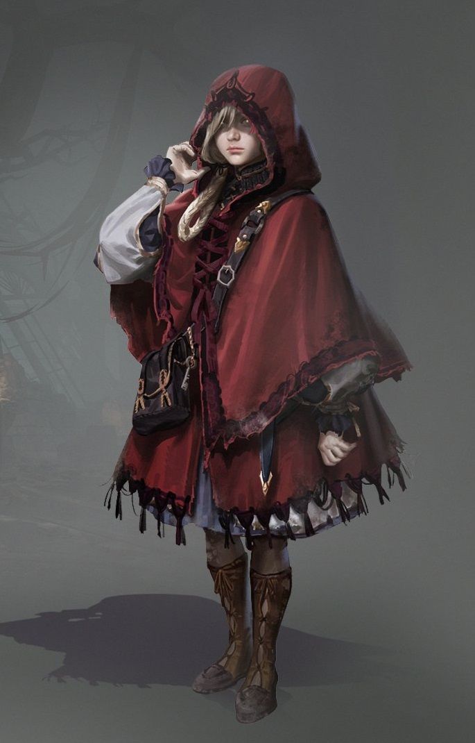 a woman in a red cloak and boots is talking on her cell phone while standing against a gray background