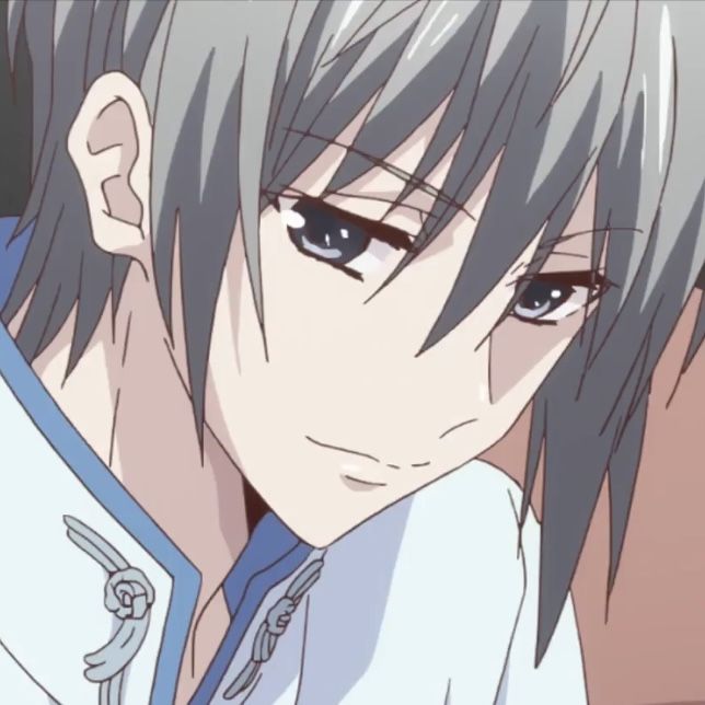 an anime character with grey hair and blue eyes looking at the camera while wearing a white shirt