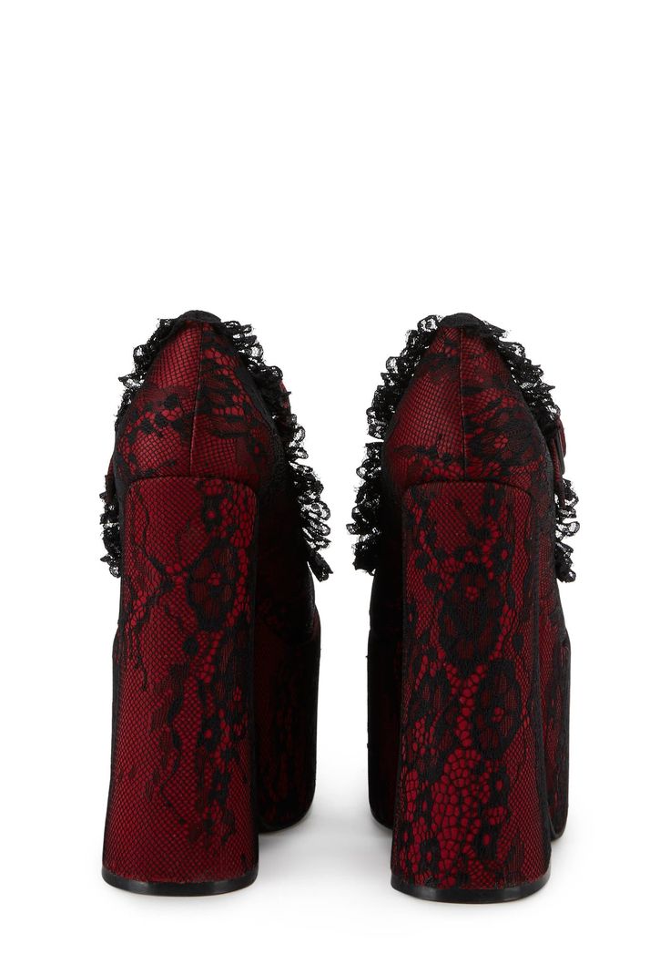 cuz ain't no fang.These platform mary janes have a satin constructin, a lace overlay, a ruffled trim, and an adjustable buckle closure. Red And Black Wedding Shoes, Scene Clothes, Rave Shoes, Red Platform Heels, Moody Wallpaper, Black Lace Heels, Red Clothes, Goth Outfit Ideas, Goth Shoes