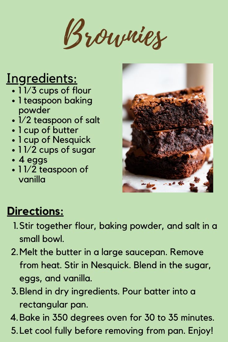 a recipe for brownies with instructions on how to bake them in the oven