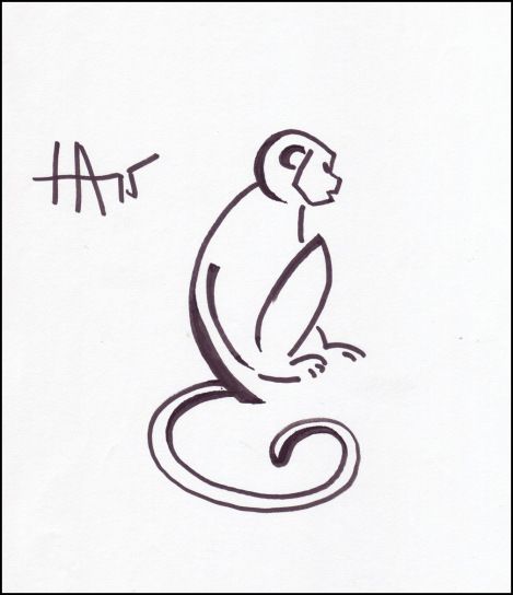 a black and white drawing of a monkey