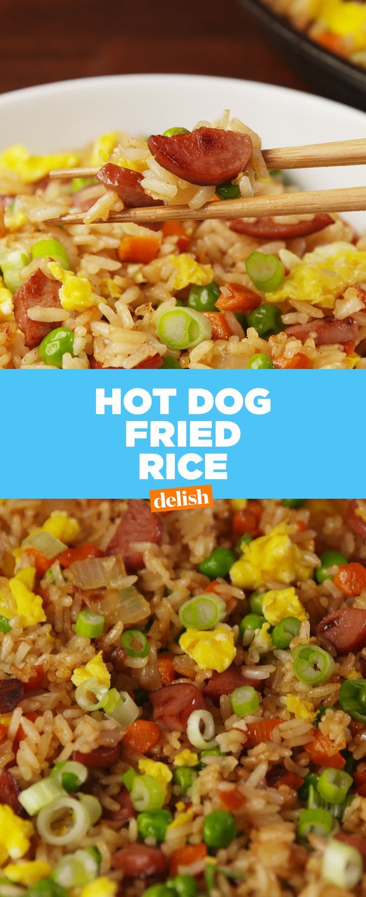 hot dog fried rice with peas and ham is served on a white plate, ready to be eaten