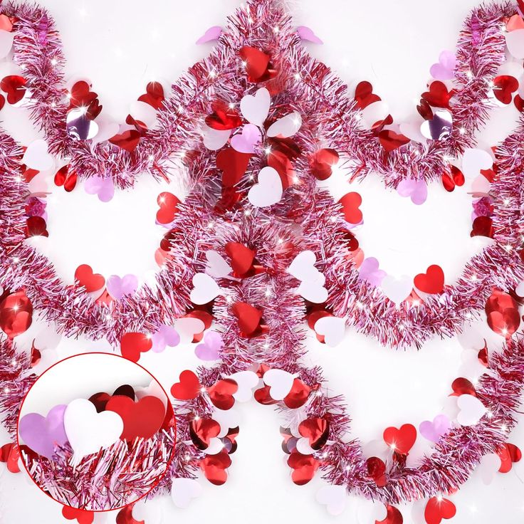 pink and red tinsel garlands with hearts on them