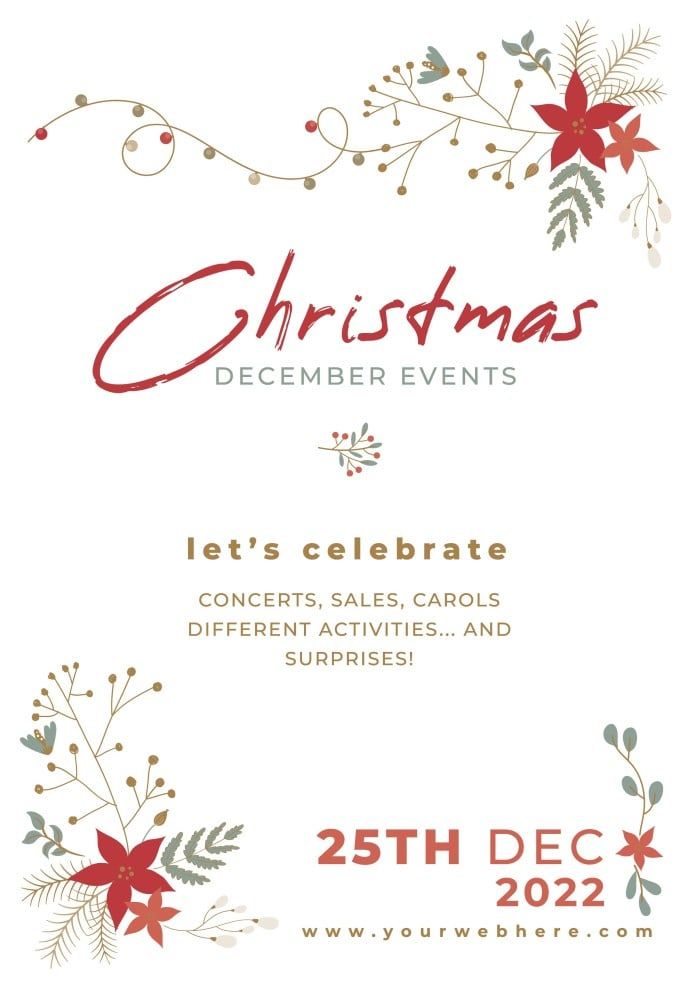 a christmas party flyer with holly and poinsettis