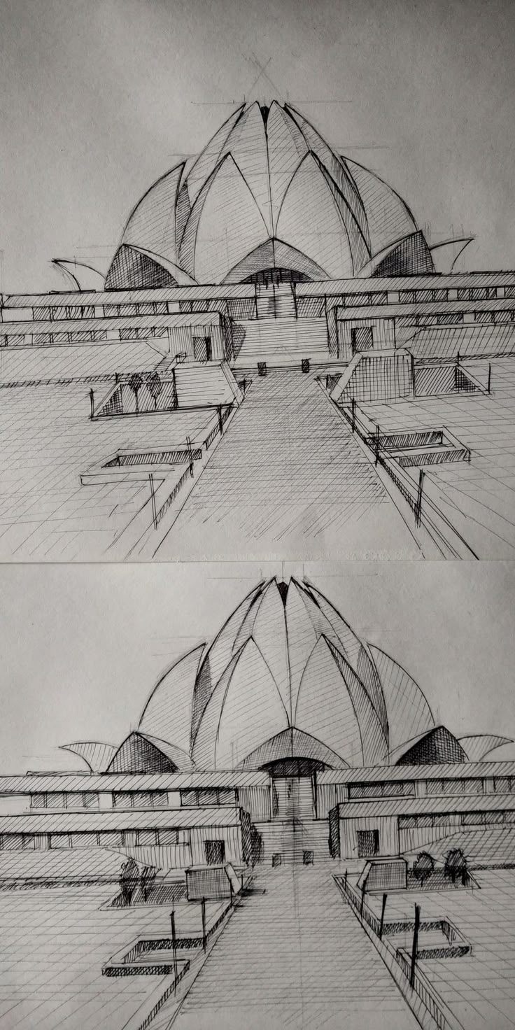 three different views of a building that has been drawn in pencil and then on paper