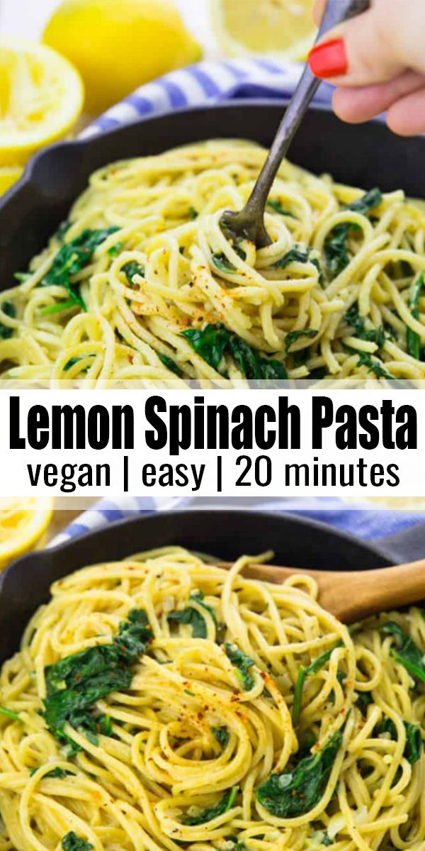 lemon spaghetti with spinach and parsley in a skillet