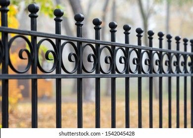 an iron fence is shown in the fall