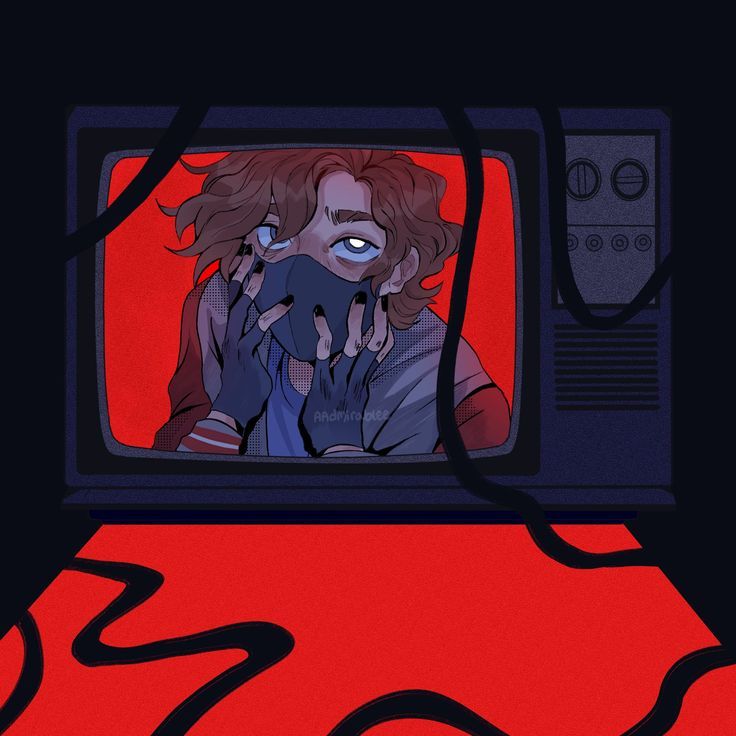 a woman is sitting in front of a tv with her face on the television screen