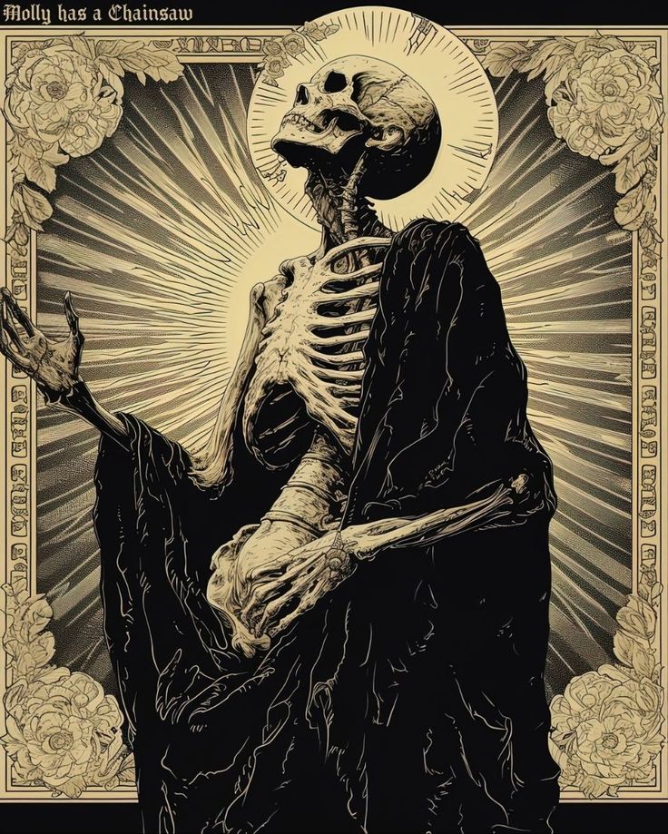 a skeleton sitting on top of a chair in front of a sunburst background