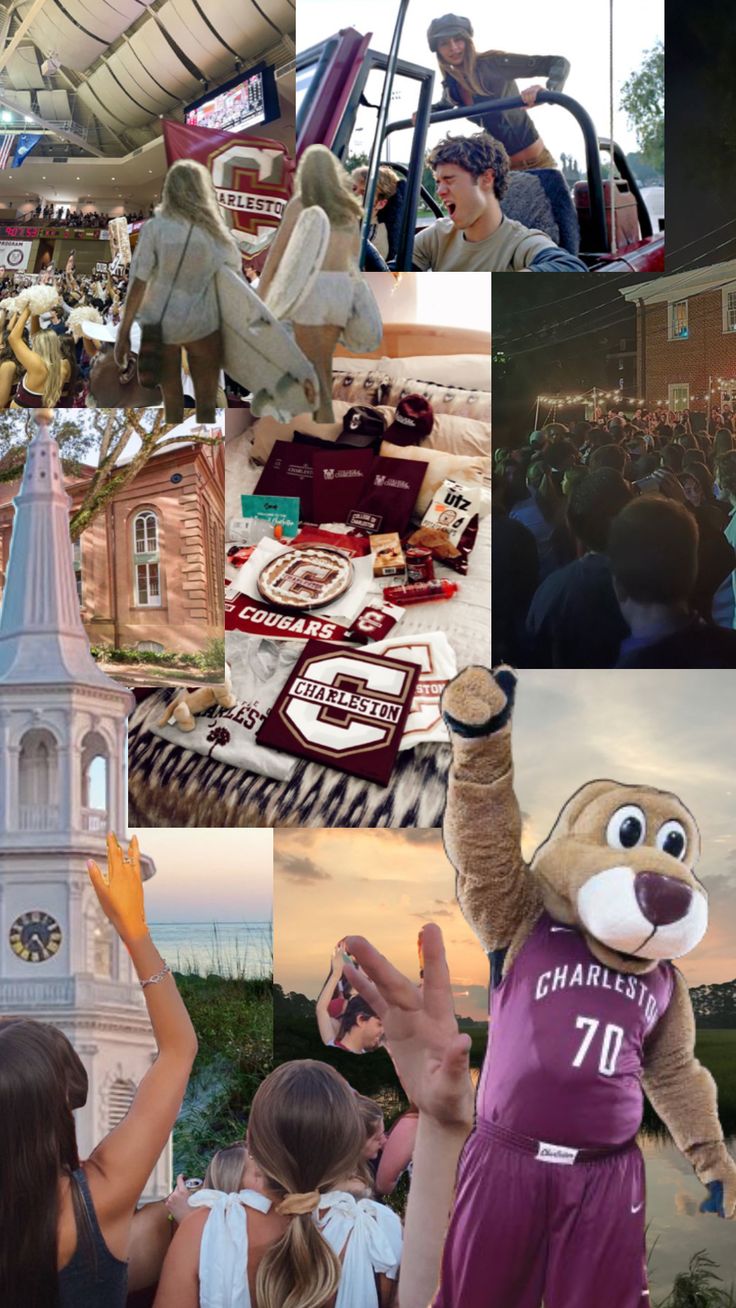 collage of photos with people and mascots at an event in front of a church