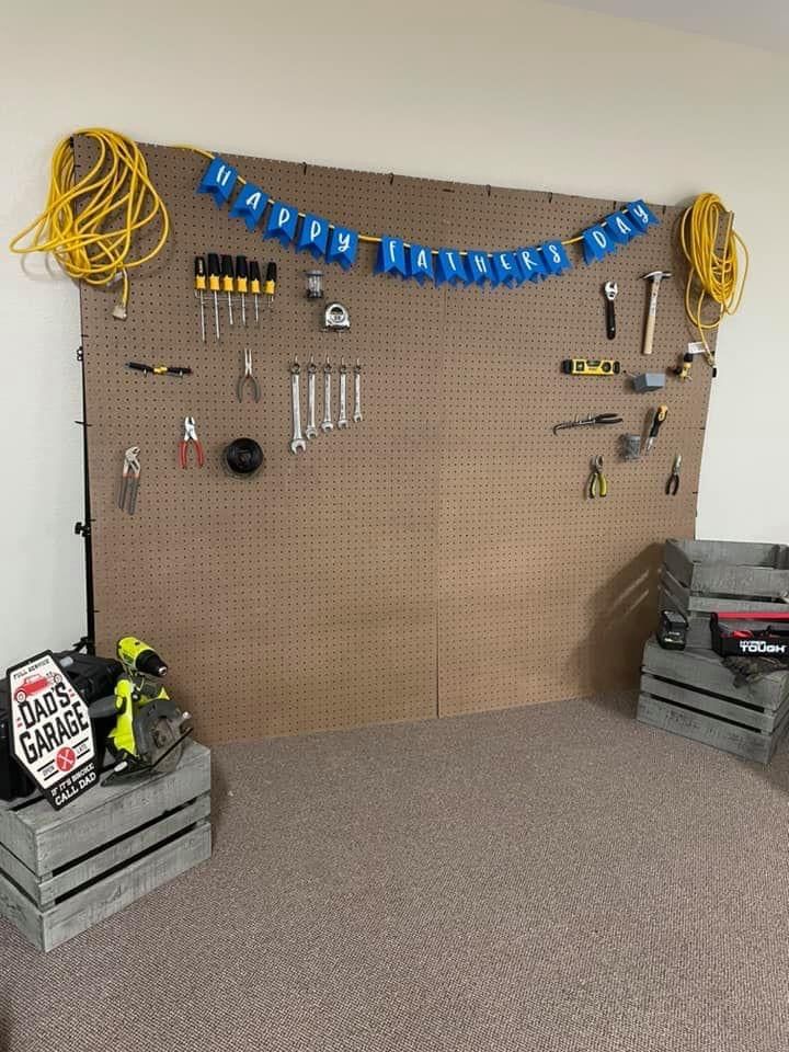 there are many tools on the pegboard in this work area and it's easy to put together