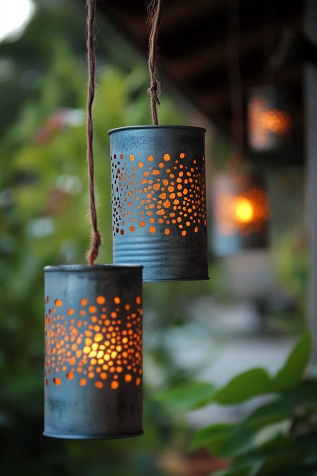 two blue tin can lights hanging from a string with orange dots on them and some plants in the background