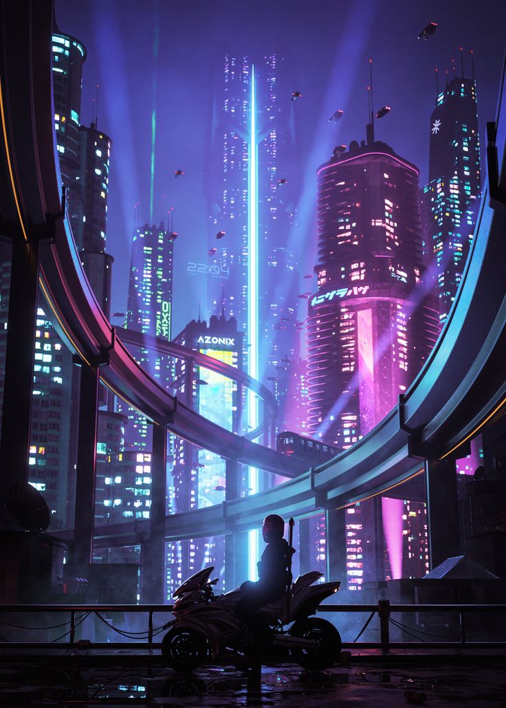 a person sitting on a motorcycle in front of a futuristic city