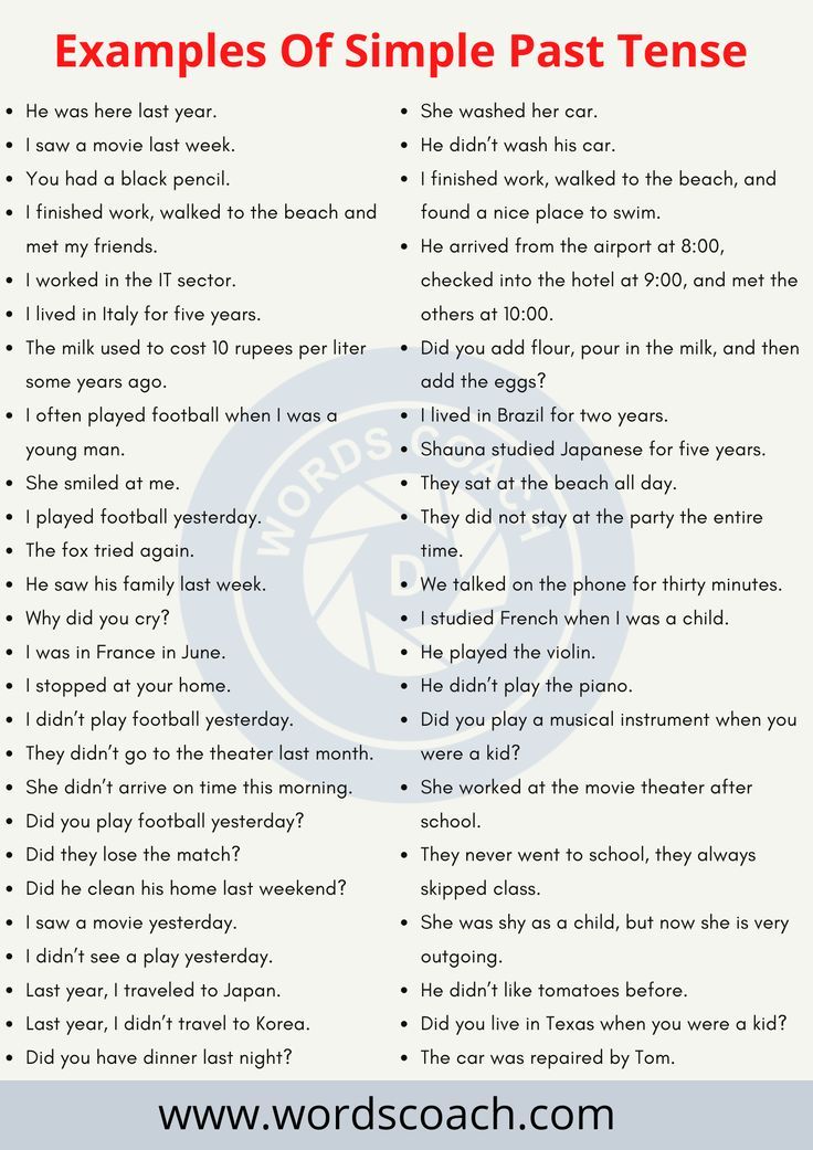 Simple past tense sentences examples, 50+ sentences of simple past tense.

1. When I paid her one dollar, she answered my question.
2. She worked at the movie theater after school.
3. They never went to school, they always skipped class.
4. She was shy as a child, but now she is very outgoing.
 
more.. more.. Past Simple Sentences, Simple Past Tense Sentences, Past Tense Sentences, Sentence English, Simple Sentence, Basic English Sentences, The Movie Theater, Simple Past, Sentence Examples