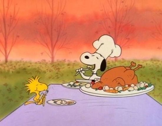 a charlie brown thanksgiving turkey on a table with a dog and cat in the background