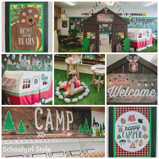 the collage shows many different pictures of camp related items, including signs and decorations