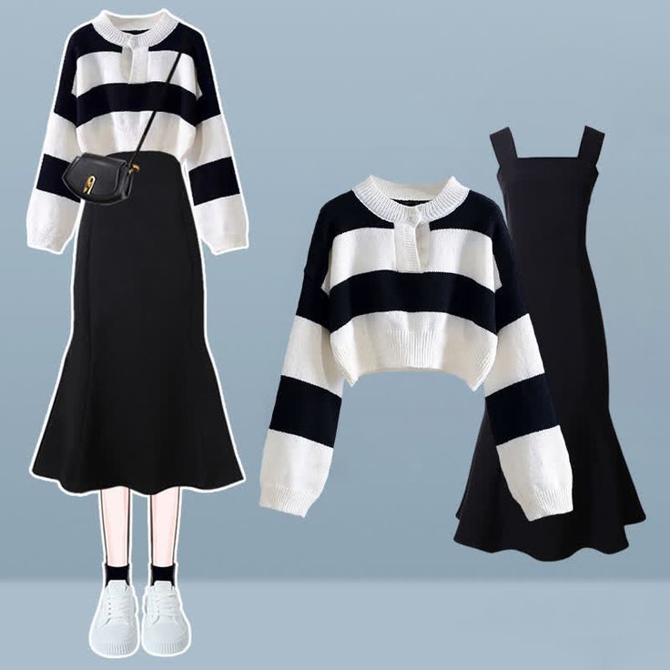 Colorblock Sweater, Platform Mary Janes, Summer Dress Outfits, Elegant Chic, Color Block Sweater, Korean Outfits, Kawaii Fashion, Stripes Design, Stripe Sweater