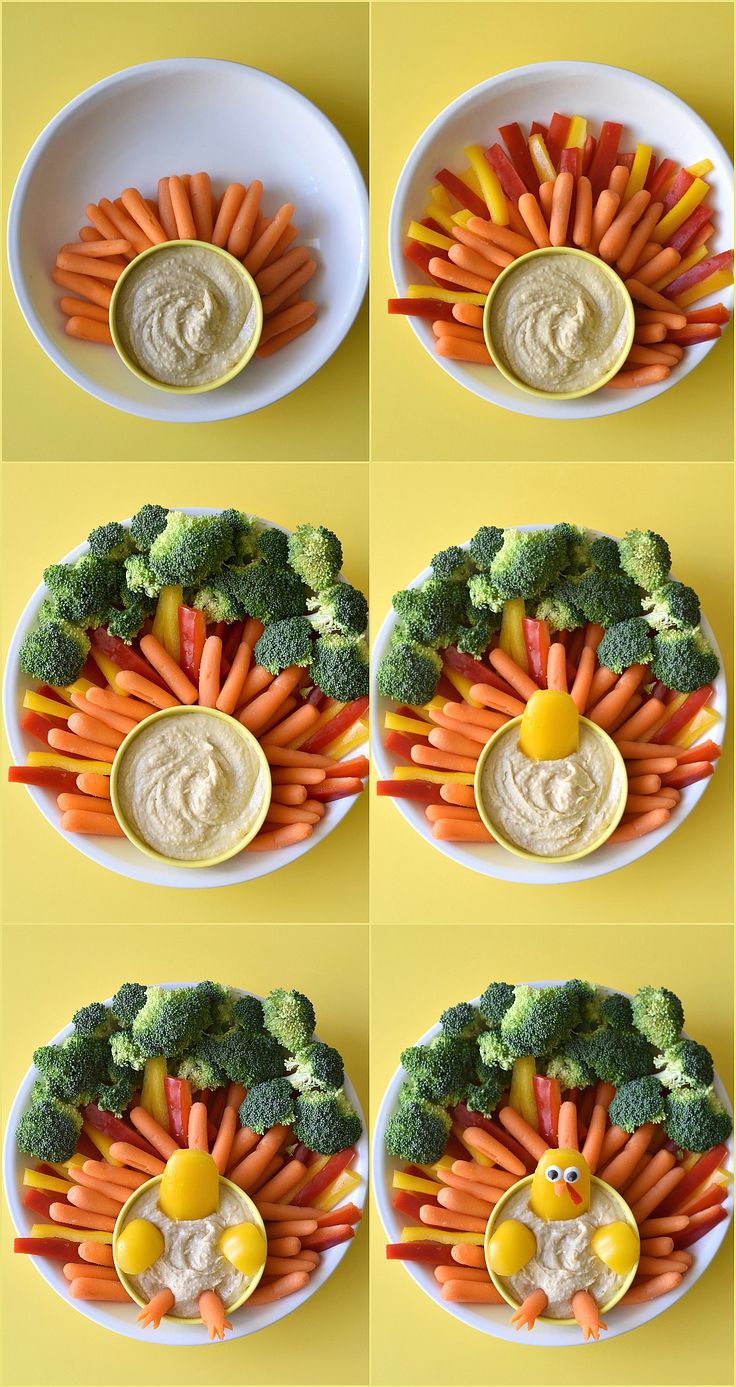 four pictures of carrots and broccoli arranged in the shape of a turkey