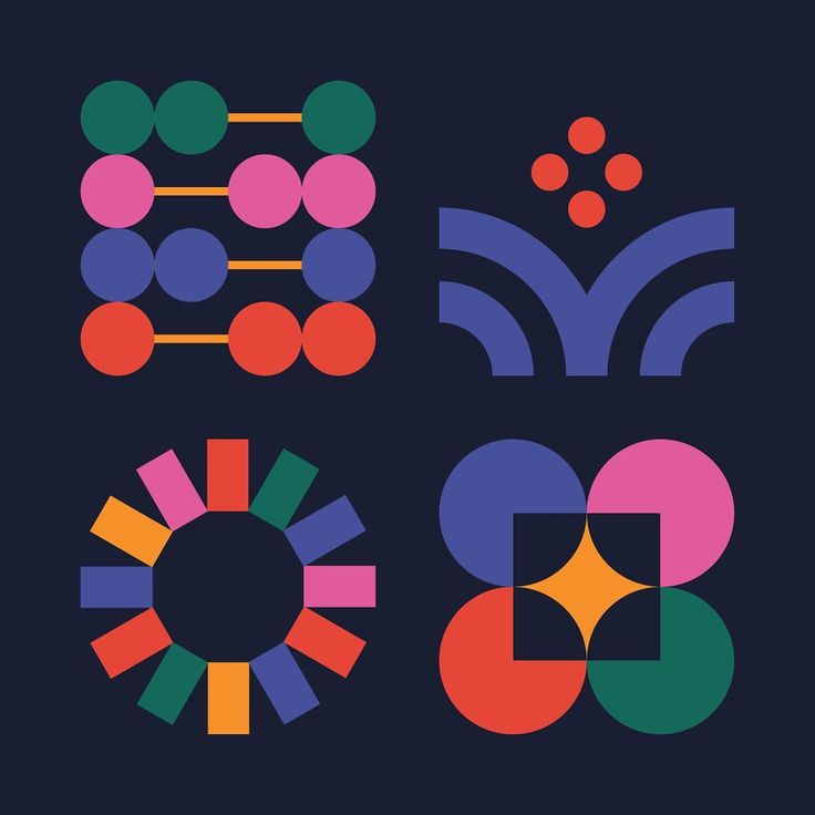 four different colored circles and shapes on a dark background, each with an individual's own logo