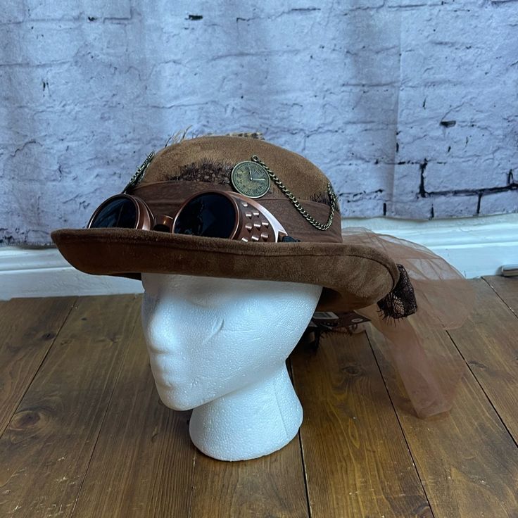 Steampunk Brown Bowler Hat Nwt Adjustable Brimmed Pirate Hat, Adjustable Pirate Hat For Costume, Adjustable Pirate Hat For Costumes, Adjustable Wide Brim Pirate Hat, Punk Winter Hat For Festivals, Adjustable Punk Hat For Winter, Adjustable Punk Winter Hat, Punk Style Winter Hats For Festival, Adjustable Punk Style Winter Hat