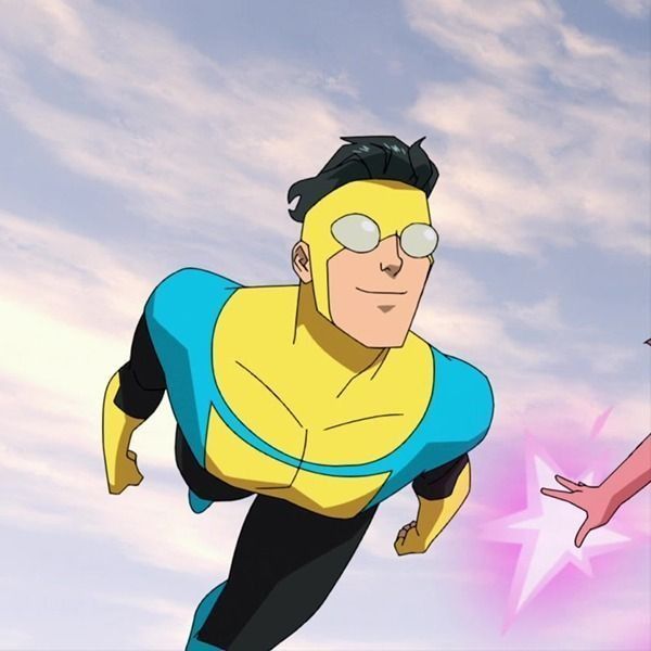 two cartoon characters are flying through the air together, one is wearing a yellow and blue suit