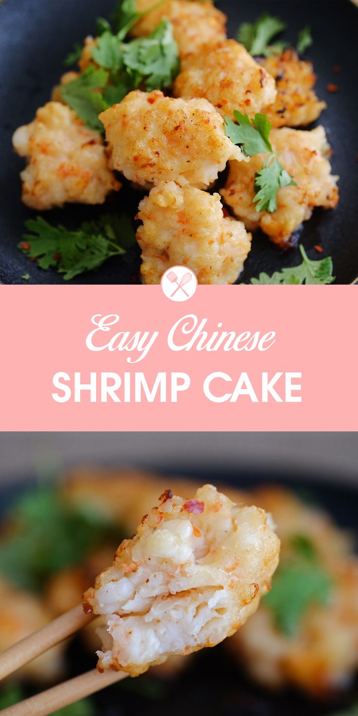 shrimp cake with chopsticks and parsley on the side, in a black plate