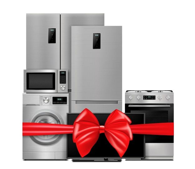 an assortment of kitchen appliances with a red bow on the front and side, all in stainless steel