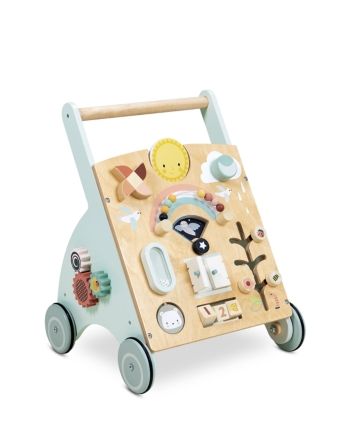 a wooden toy cart with various items on the front and back wheels, all in different colors