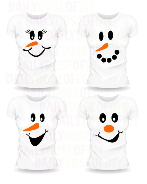 four snowmen wearing white shirts with orange noses