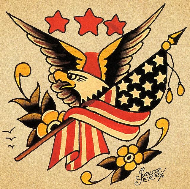 an eagle with stars and an american flag on it's back is shown in this tattoo design