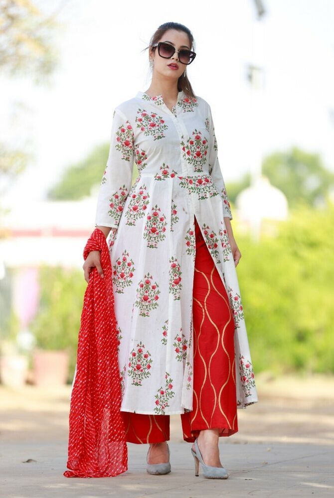 Front Cut Kurti, Kurti White, Palazzo Kurta, Color Kurti, Designer Kurtis Online, Designer Dupatta, Round Dress, Kurta Dress, Flare Top