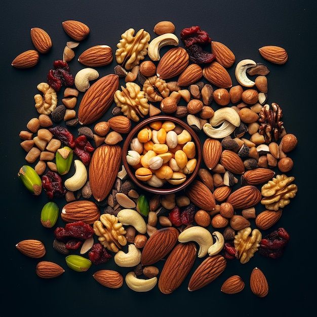 nuts and dried fruits are arranged in the shape of a circle on a black surface