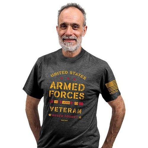 an older man wearing a united states armed forces t - shirt