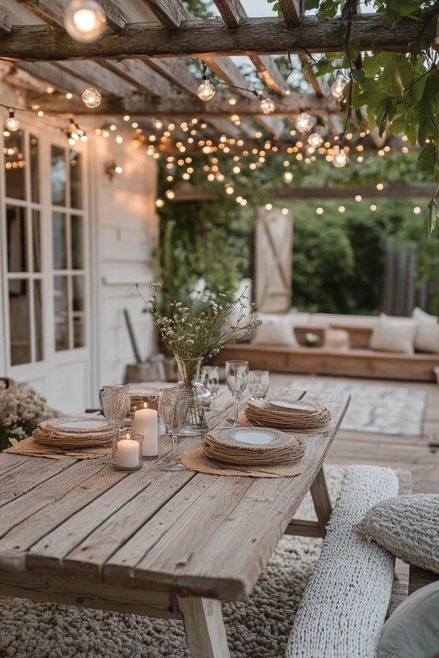 a wooden table with plates and candles on it in the middle of a covered patio