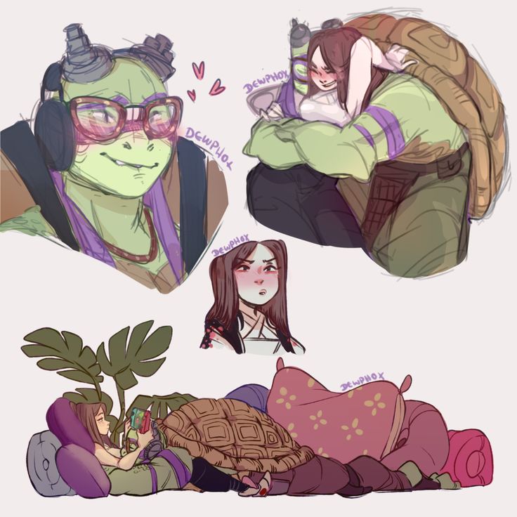 some drawings of people with glasses on and one has a turtle in it's lap