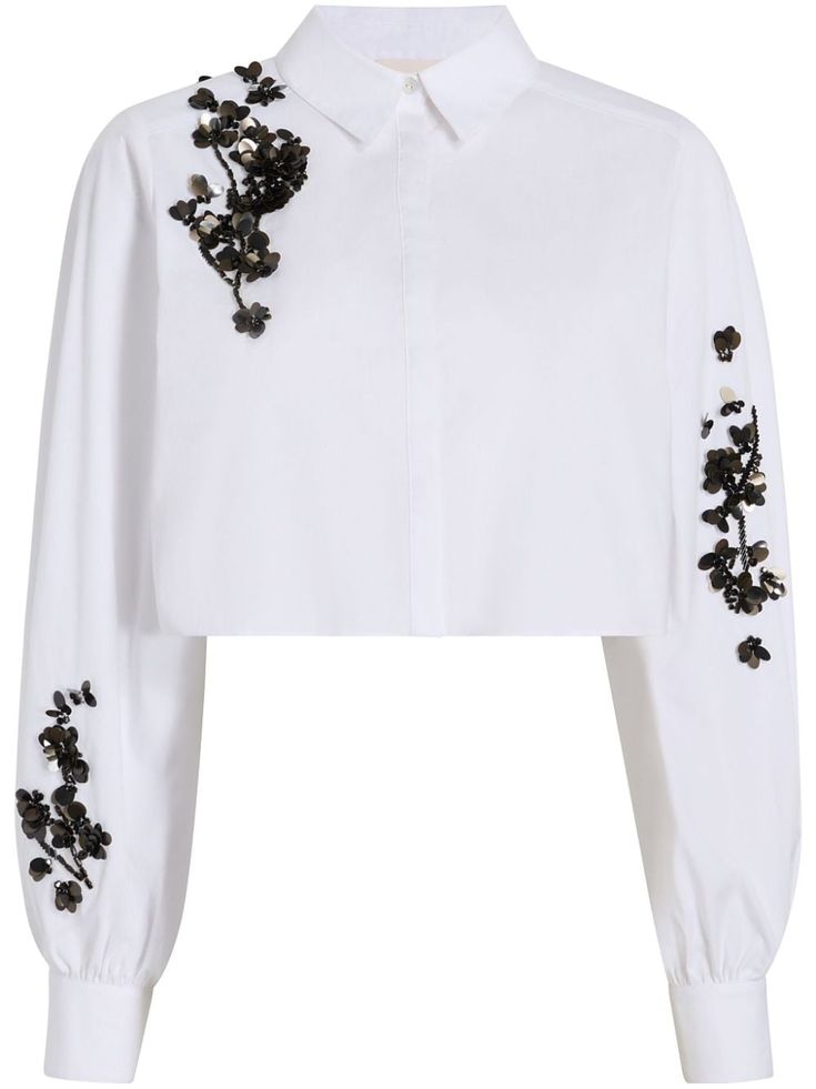 white/black stretch-cotton sequin embellishment classic collar concealed front button fastening long sleeves buttoned cuffs straight hem cropped Sequin Flower, Floral Embellishment, Upcycling Ideas, Denim Chic, Flower White, Cropped Shirt, Crop Top Blouse, White Crop, Fashion Today