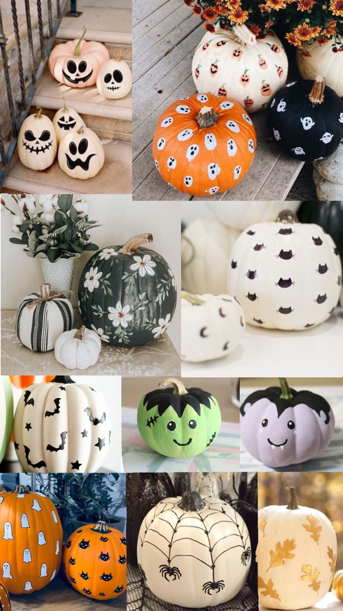 pumpkins decorated with black and white designs