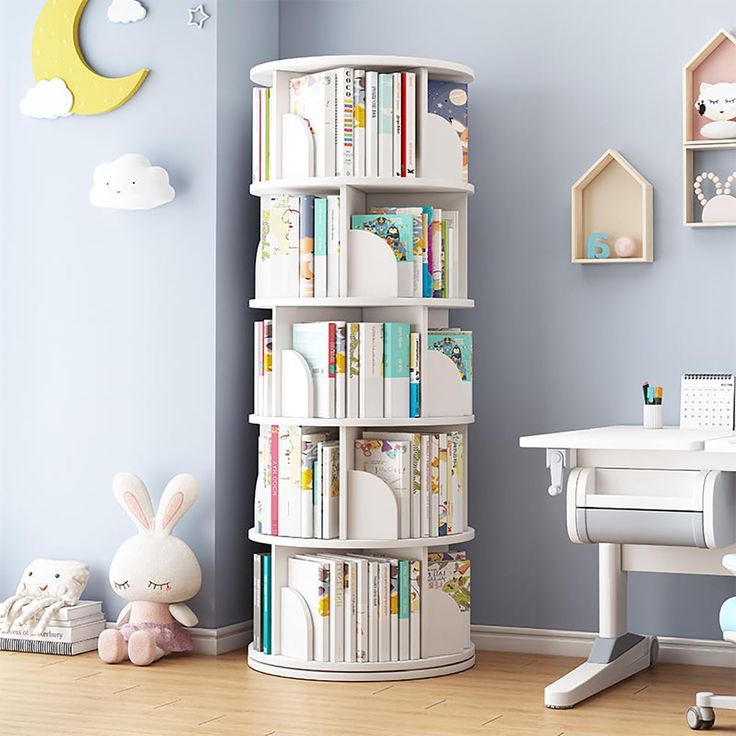 a child's room with bookshelves and toys