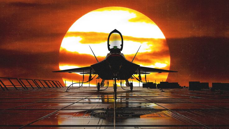 a fighter jet sitting on top of an airport tarmac under a large orange sun