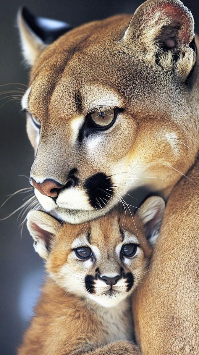 a mother mountain lion and her cub cuddle together