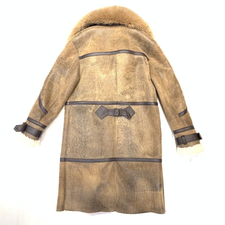 Daniels Leather Whiskey Fox 3/4 Shearling Jacket - Dudes Boutique Designer Shearling Outerwear For Work, Luxury Shearling Outerwear For Work, Luxury Sheepskin Fur Coat For Fall, Luxury Shearling Fur Coat For Fall, Shearling Long Fur Coat For Cold Weather, Long Shearling Fur Coat For Cold Weather, Shearling Long Coat For Cold Weather, Brown Sheepskin Long Coat, Luxury Long Sleeve Sheepskin Fur Coat