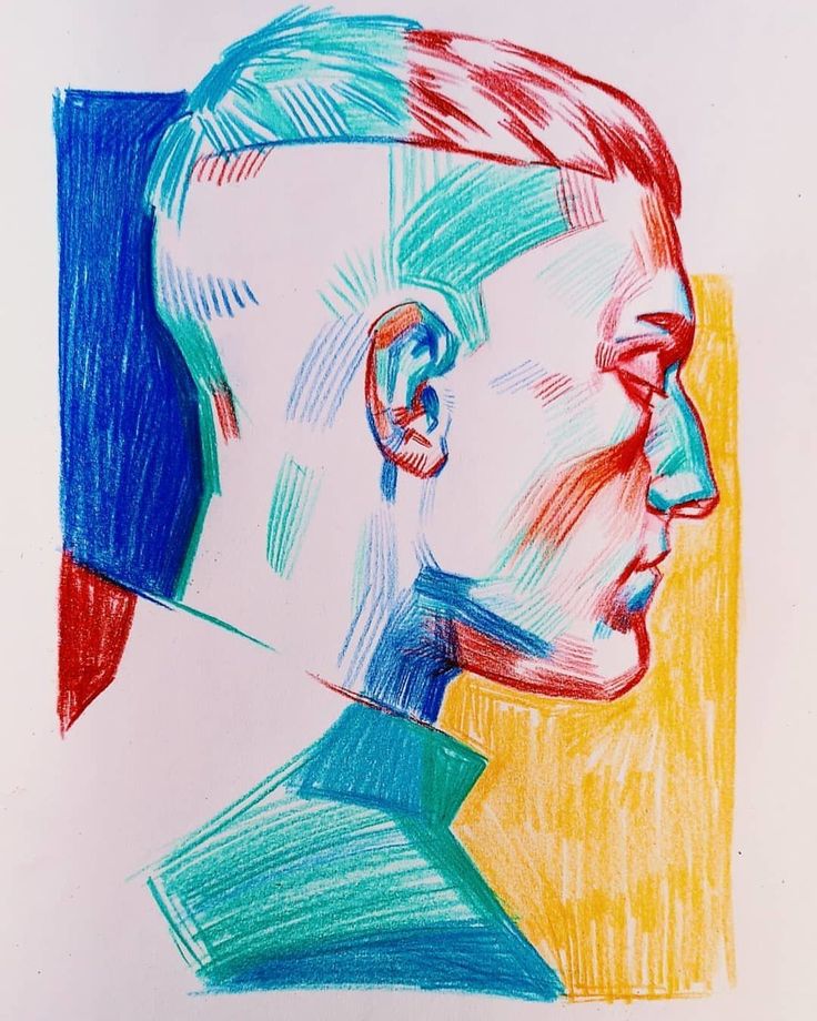 a drawing of a man's profile with colored pencils on paper, looking to his left