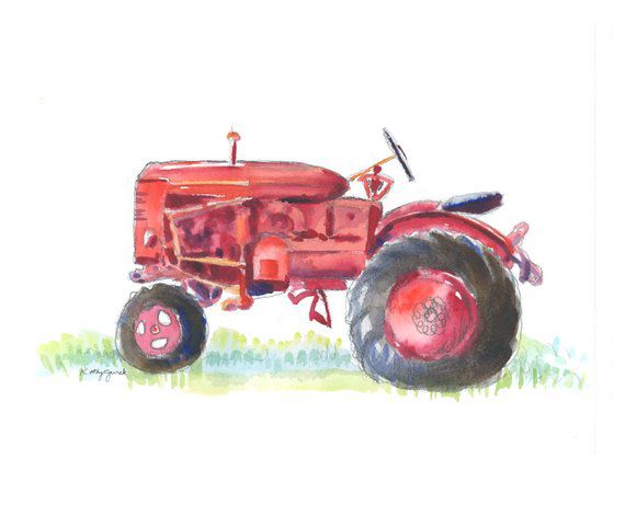 a drawing of a red farm tractor