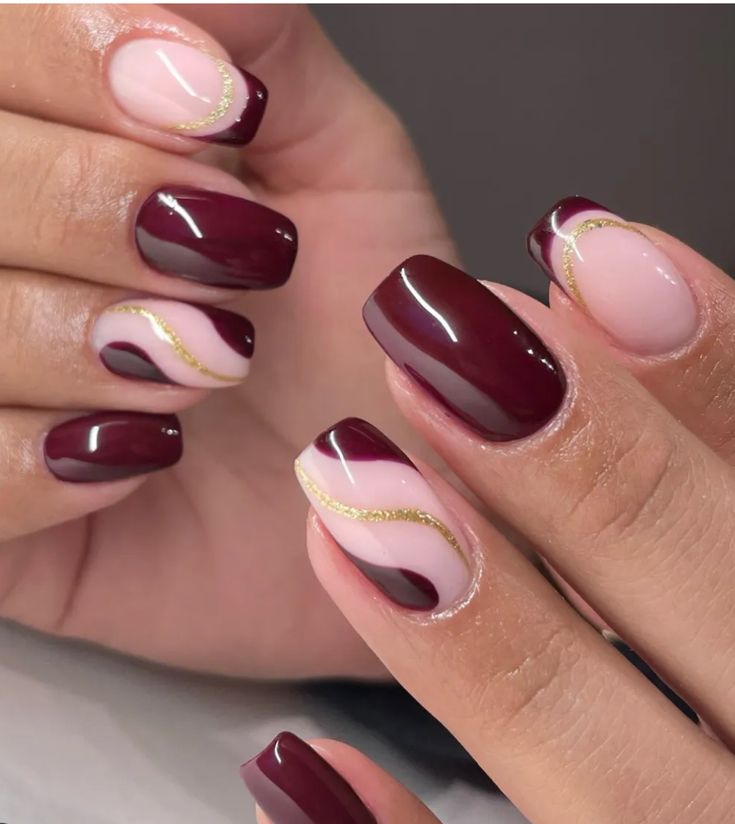 Square Nail Designs Burgundy, One Nail Art Design, Burgundy Short Nail Designs, Burgundy Swirl Nails, Wine Nails Designs Ideas, Striped Nails Designs, Nail Ideas Maroon, Maroon Nails With Design, New Trendy Nail Art Designs