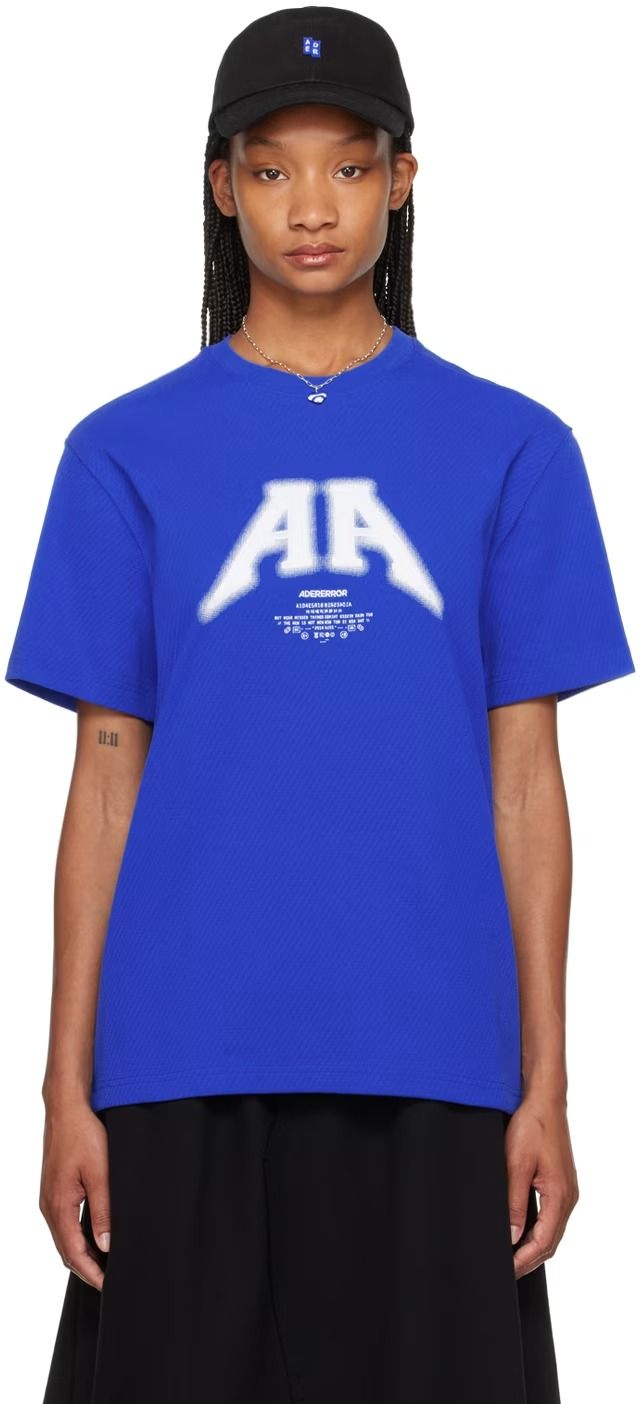 ADER error: Blue Embroidered T-Shirt | SSENSE Crew Neck T-shirt With Embroidered Logo For Streetwear, Short Sleeve T-shirt With Letter Embroidery For Streetwear, Blue Cotton T-shirt With Embroidered Logo, Graphic Tee With Embroidered Logo And Crew Neck, Blue College T-shirt With Embroidered Logo, College Crew Neck T-shirt With Embroidered Logo, Crew Neck T-shirt With Letter Embroidery For College, Crew Neck T-shirt With Embroidered Graphics For Streetwear, Casual Blue Top With Embroidered Text